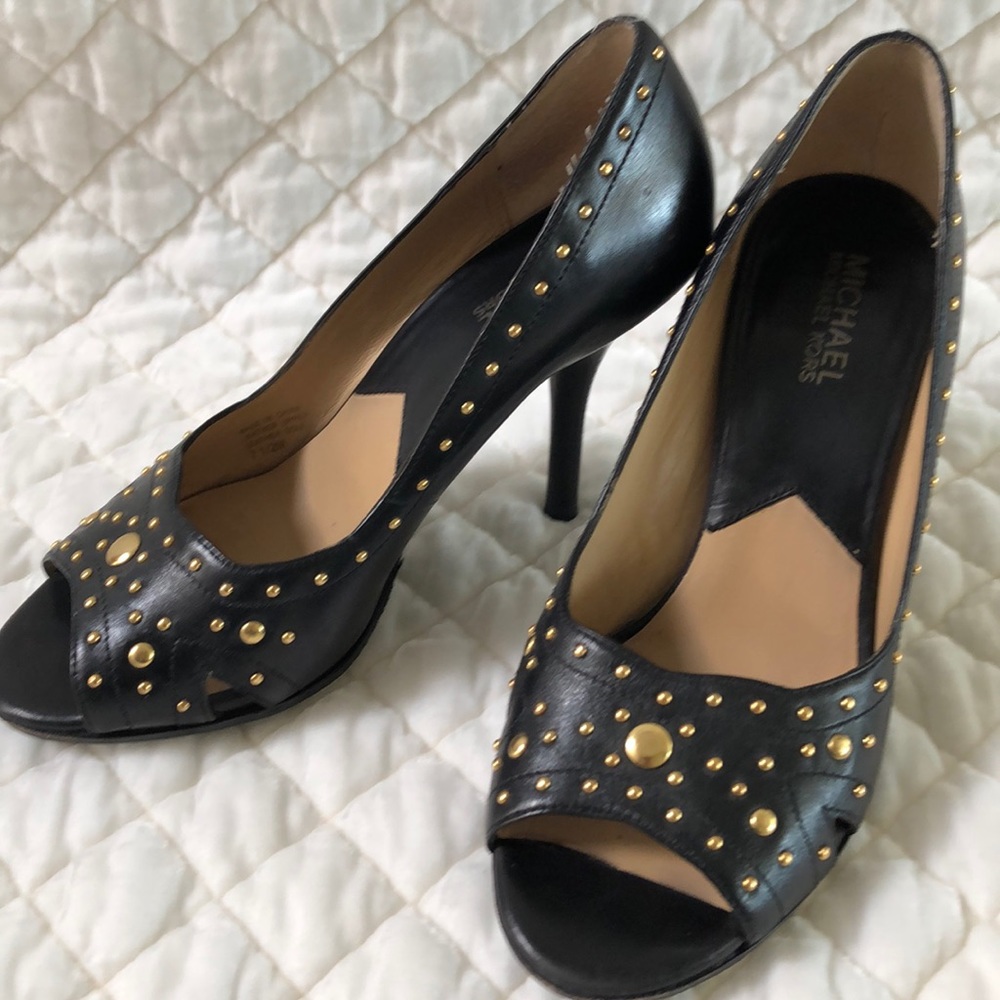 Black open toe heels with gold studs